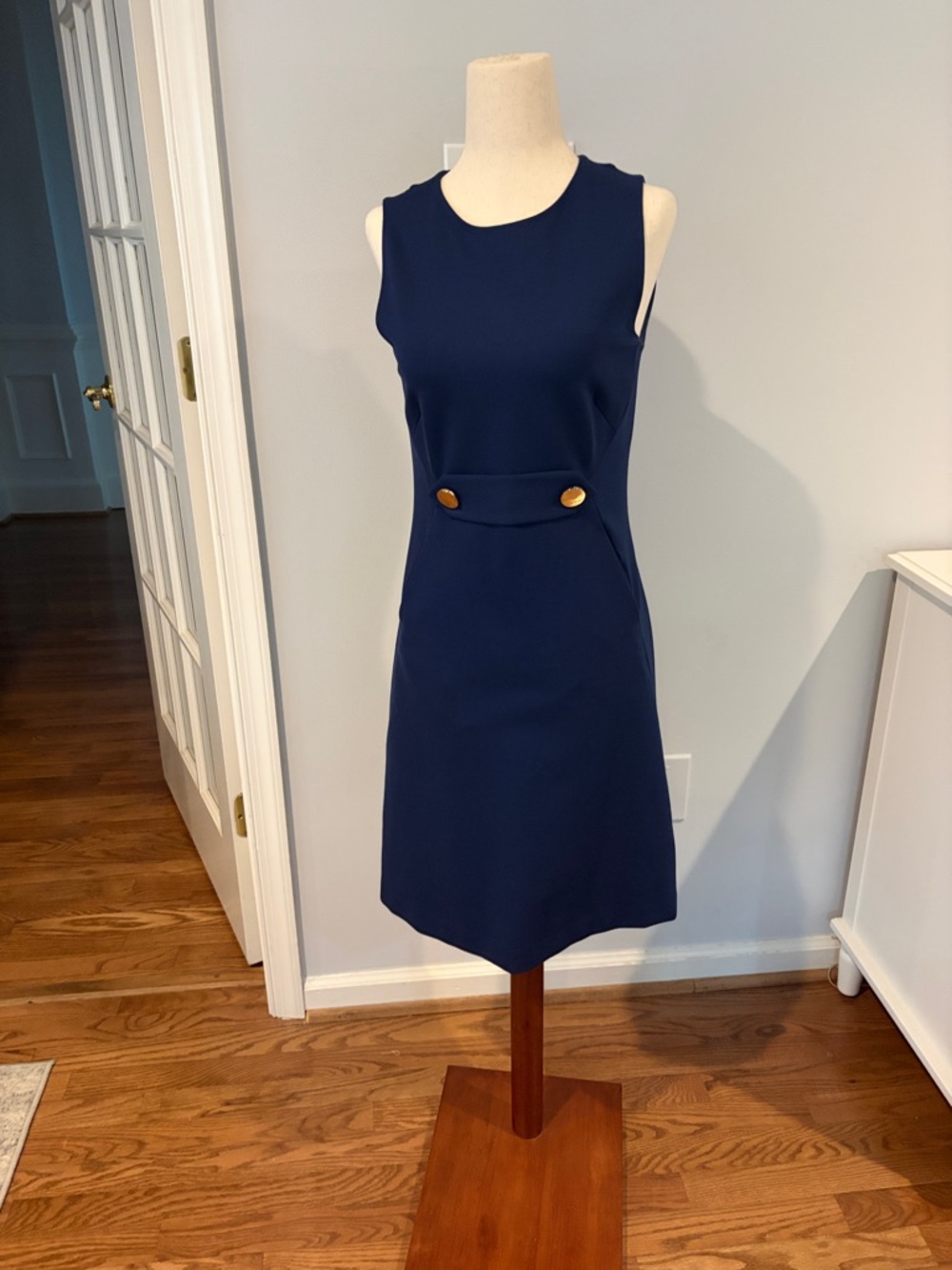 Tory Burch Navy Sleeveless A-Line Dress with Gold Buttons